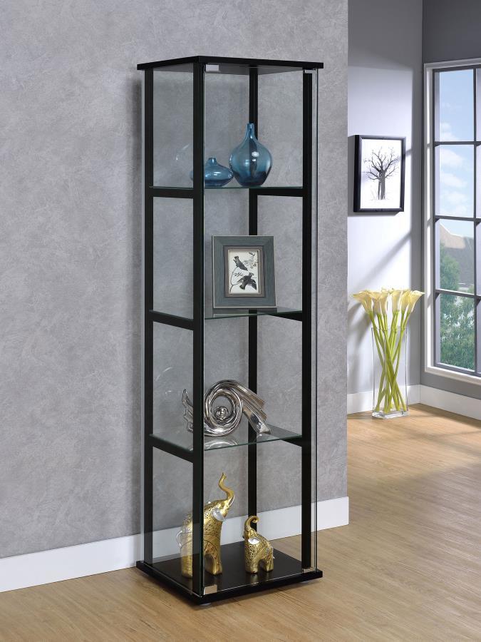 Ideal for a more compact space, this curio cabinet offers fresh and inspiring style. Simple linear design blends a slender black frame with tempered glass shelving. Push-to-open glass doors offer easy access to its interior space. This curio cabinet is an
