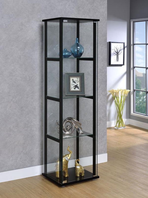  this curio cabinet offers fresh and inspiring style. Simple linear design blends a slender black frame with tempered glass shelving. Push-to-open glass doors offer easy access to its interior space. This curio cabinet is an