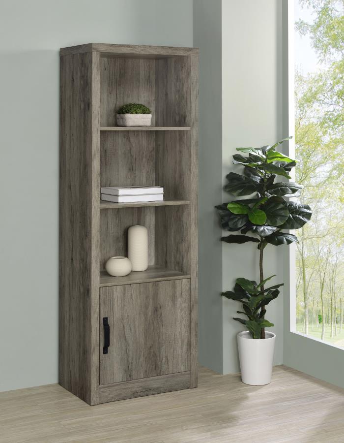 Tall and slender, this modern media tower is the perfect complement for your entertaining needs in both compact and larger spaces. Organize media, books, and implements on shelves and interior shelves, staying organized and uncluttered. Melamine construct
