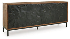 Revamp your home with this stylish accent cabinet. Featuring four doors with a captivating textured pattern, it instantly becomes the centerpiece of your room. The cabinet-'s interior shelves make it versatile for use as a buffet, console or media cabinet