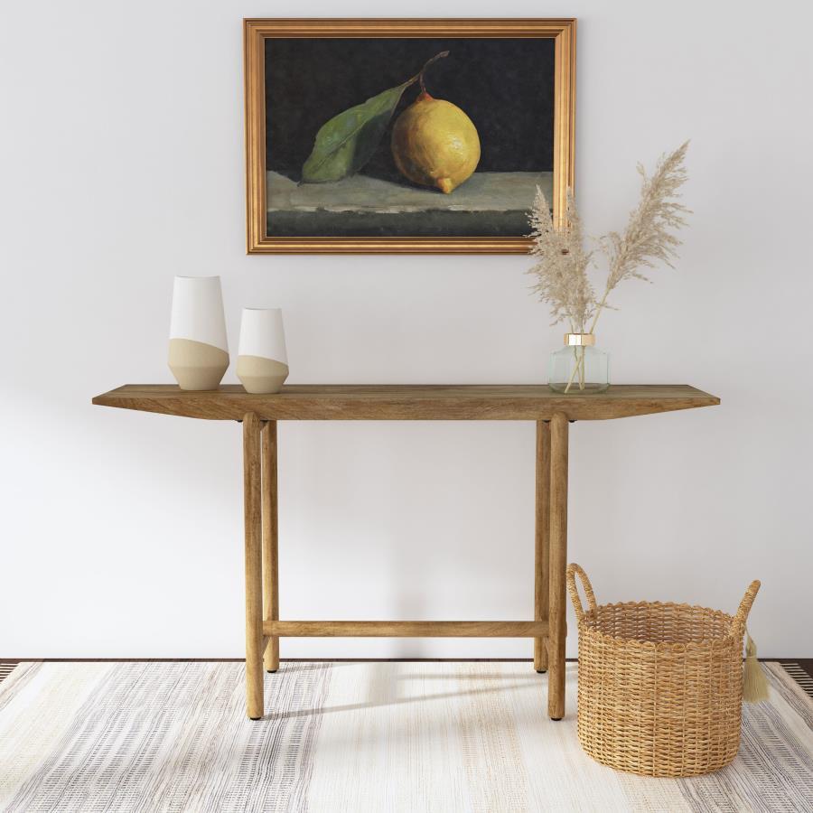 Welcome your guests with the timeless beauty and exceptional quality of this entryway console table, crafted from solid mango wood. Its minimalist design, paired with the rich grain of the wood, creates a striking combination of natural charm and contempo