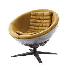 The Brancaster accent chair has a cool retro-futurist design that you wonâ€™t find anywhere else. The warm hues of its turmeric top grain leather upholstery coats the round, dish-shaped interior, contrasting with the riveted aluminum exterior of the chair