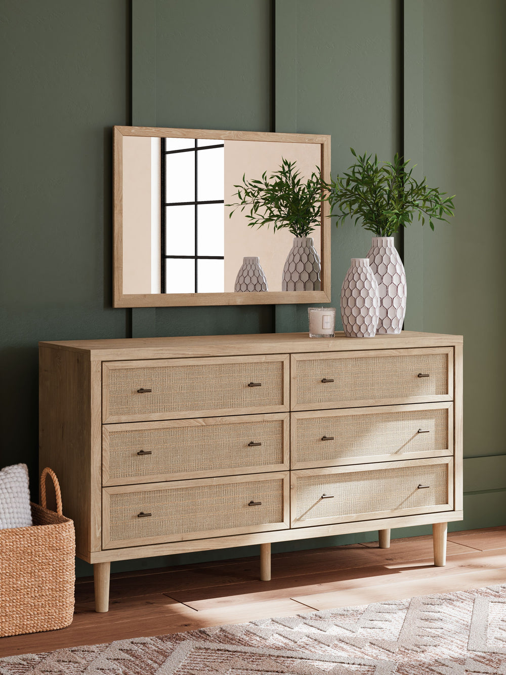 Clean-lined and contemporaryâ€”but far from starkâ€”this dresser with mirror is a fresh style awakening. Pairing a light finish with replicated oak grain and textured beige details that replicate the look of cane, its mixed materials bring a naturally ver