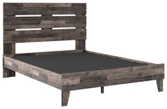 Streamlined design and a stunning finish come together in one simply extraordinary bed. This queen panel bed is sure to impress with platform styling and a rich brown finish over replicated pine grain texture. Its mid-century profile is a nod to the past,