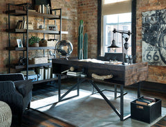 Made with Acacia veneers, rendered in an oiled Walnut coloration for a deep woody finish. Designed with a clean lined modern appearance. Metal frames have a bronze color finish. H633-34/34R have braced metal legs in a bronze color finish. L-desk configura