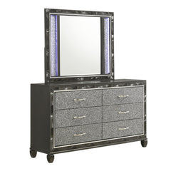 Experience sophistication and functionality with the Radiance Dresser & Mirror in Black. Crafted with a blend of Solid Rubberwood and manufactured woods, this set ensures unmatched stability and durability. The semi-gloss lacquer black pearl finish adds a