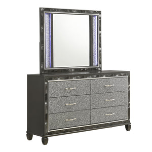 Experience sophistication and functionality with the Radiance Dresser & Mirror in Black. Crafted with a blend of Solid Rubberwood and manufactured woods, this set ensures unmatched stability and durability. The semi-gloss lacquer black pearl finish adds a