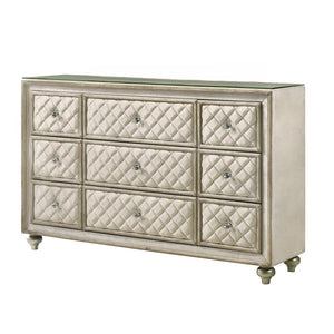 Box Spring Required Button Tufted Padded Headboard LED Included (Headboard & Mirror) Drawer: Side Metal Drawer Glide, Dovetail Drawer Included, 3/4 Extension, Safety Stop Included Glass Top Nightstand & Dresser Wooden Legs