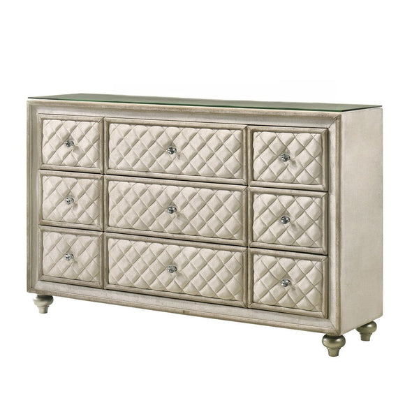 Box Spring Required Button Tufted Padded Headboard LED Included (Headboard & Mirror) Drawer: Side Metal Drawer Glide, Dovetail Drawer Included, 3/4 Extension, Safety Stop Included Glass Top Nightstand & Dresser Wooden Legs