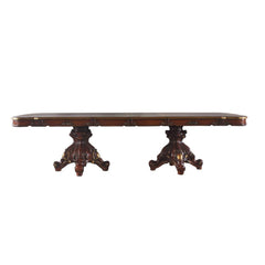 Acmeâ€™s exclusive Picardy collection now includes this magnificent double pedestal dining set in cherry oak finish! Each supporting pedestal is intricately carved, and ends in four oversized scrolled legs. The rectangular wooden top features a parquet lo