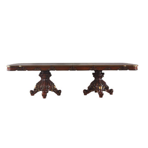 Acmeâ€™s exclusive Picardy collection now includes this magnificent double pedestal dining set in cherry oak finish! Each supporting pedestal is intricately carved, and ends in four oversized scrolled legs. The rectangular wooden top features a parquet lo