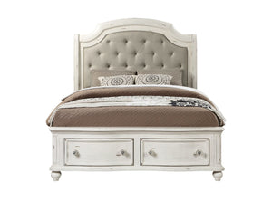 Jaqueline - Queen Bed With Storage - Light Gray Linen & Antique White Finish