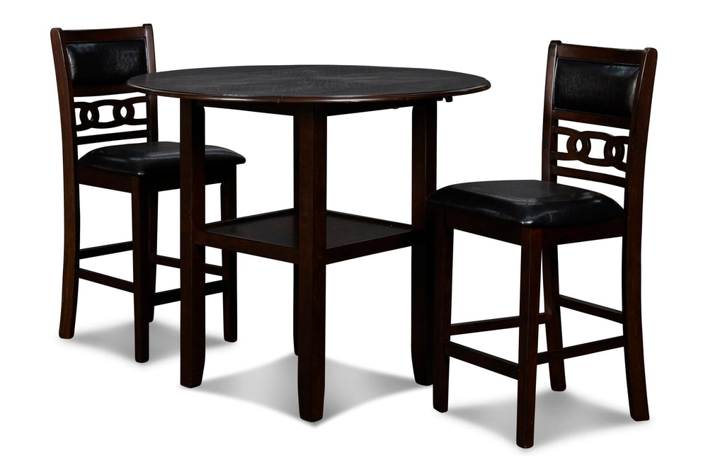 The small space friendly Gia Counter Drop Leaf Table and Chair Set has two 8" drop down leaves that transform this dining table from a 42" round dining set to 24" wide, fitting into compact spaces with ease. The counter table and chair legs are crafted of