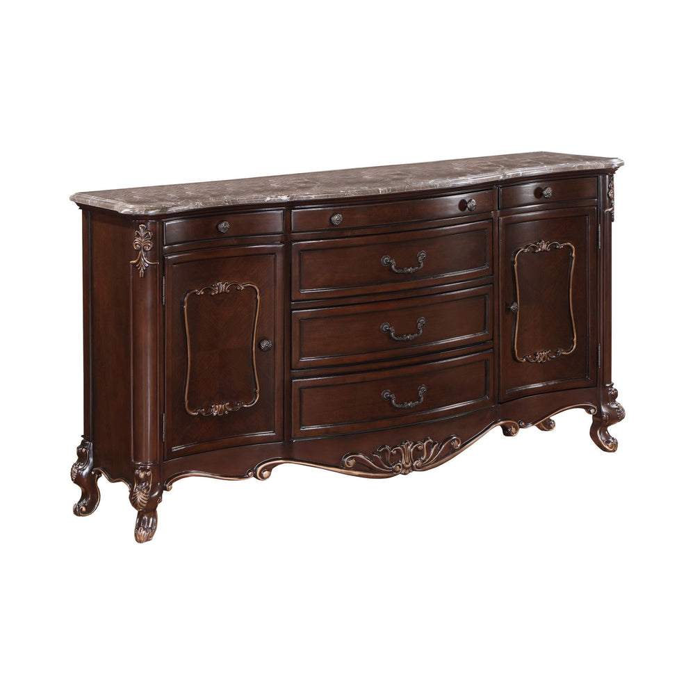 The Royal Classics Constantine Sideboard / Server in cherry combines heirloom craftsmanship with functional elegance, making it a refined addition to any dining room. Expertly crafted from solid pine and premium fancy face birch veneers, this piece ensure