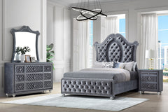 Indulge in the opulence and luxury of this exquisite bedroom collection, where classic glamour meets contemporary design. The grandeur of the tufted, upholstered headboard is framed by an elegantly sculpted silhouette, complemented by the plush finish tha