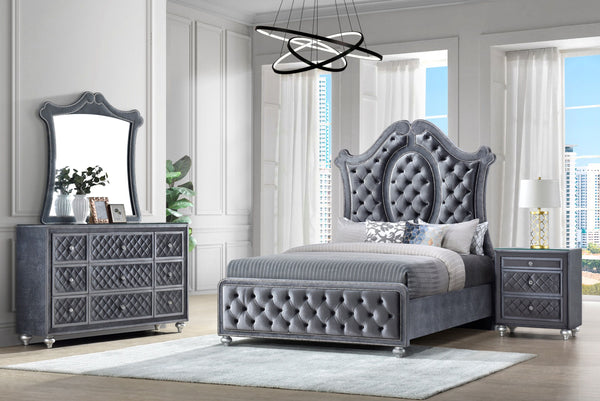 Indulge in the opulence and luxury of this exquisite bedroom collection, where classic glamour meets contemporary design. The grandeur of the tufted, upholstered headboard is framed by an elegantly sculpted silhouette, complemented by the plush finish tha