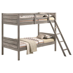  clean shapes and lines invite you to rest in this transitional bunk bed. Designed in a weathered taupe finish accented by a dark border along the sides