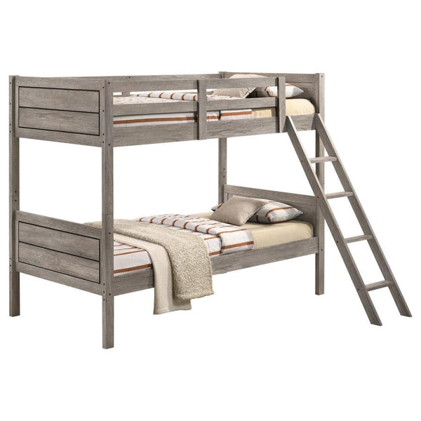  clean shapes and lines invite you to rest in this transitional bunk bed. Designed in a weathered taupe finish accented by a dark border along the sides