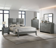This bedroom collection is the embodiment of sleek, contemporary design, characterized by its rich gunmetal finish and distinctive textured front panels. The centerpiece, a chic bed with a statement headboard, features geometric paneling that adds depth a