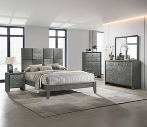 This bedroom collection is the embodiment of sleek, contemporary design, characterized by its rich gunmetal finish and distinctive textured front panels. The centerpiece, a chic bed with a statement headboard, features geometric paneling that adds depth a