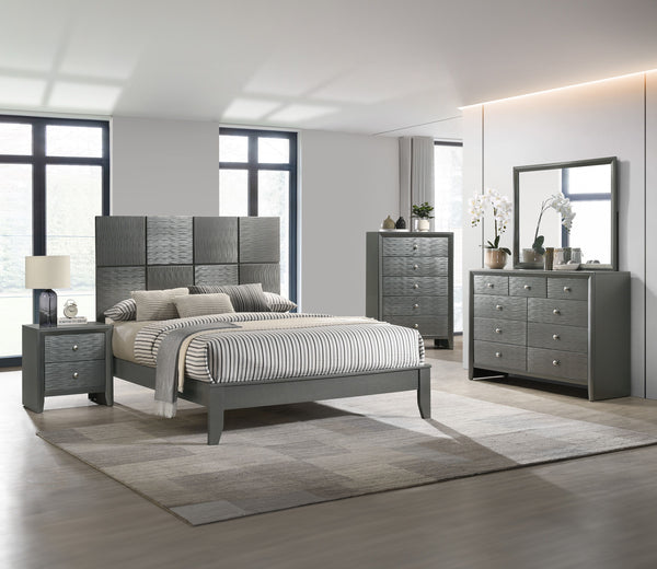 This bedroom collection is the embodiment of sleek, contemporary design, characterized by its rich gunmetal finish and distinctive textured front panels. The centerpiece, a chic bed with a statement headboard, features geometric paneling that adds depth a