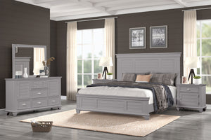 The Jamestown 5-Piece Wood Bedroom Set in Gray is the epitome of modern transitional style, blending contemporary and traditional design elements for a sophisticated and versatile bedroom setup. This set includes a Panel Bed, Dresser, Mirror, and two Nigh