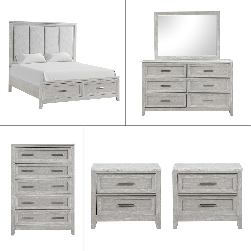 Discover the Fiona 6 Piece Bedroom Set, a collection that promises both style and functionality for your sanctuary. This suite features a storage bed with a plush upholstered headboard, designed for ultimate comfort and convenience. The suite is complemen
