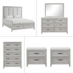 Discover the Fiona 6 Piece Bedroom Set, a collection that promises both style and functionality for your sanctuary. This suite features a storage bed with a plush upholstered headboard, designed for ultimate comfort and convenience. The suite is complemen