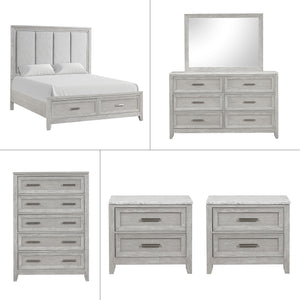 Discover the Fiona 6 Piece Bedroom Set, a collection that promises both style and functionality for your sanctuary. This suite features a storage bed with a plush upholstered headboard, designed for ultimate comfort and convenience. The suite is complemen