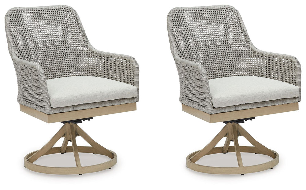 This swivel dining chair invites your casual contemporary style outdoors. With its resin wicker in a chic neutral hue, it expertly marries refined design with durability. The chair-'s 360-degree swivel makes it easy to switch from watching the kids at the