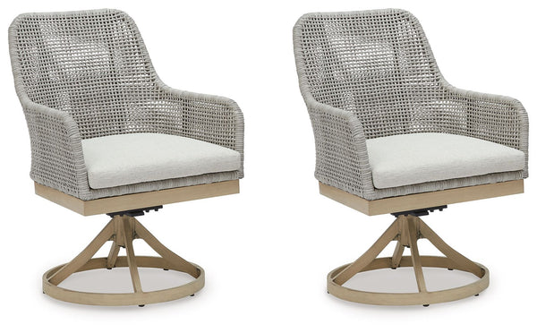 This swivel dining chair invites your casual contemporary style outdoors. With its resin wicker in a chic neutral hue, it expertly marries refined design with durability. The chair-'s 360-degree swivel makes it easy to switch from watching the kids at the