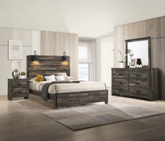 This bedroom set marries rustic appeal with contemporary lines, offering a cozy yet refined aesthetic to any modern home. The set features a generously sized bed with a broad, planked headboard with integrated sconces, creating an inviting ambiance. Flank
