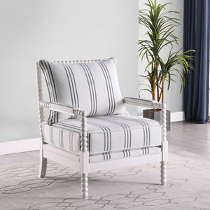  this contemporary accent chair offers a cheerful look to any space. This accent chair offers comfortable seating with each cushion wrapped in a white linen-like upholstery accented with navy awning stripes. With a sharply desig