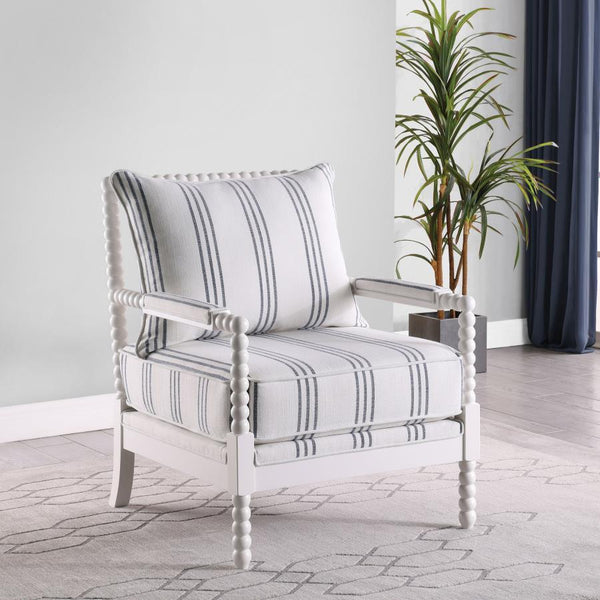  this contemporary accent chair offers a cheerful look to any space. This accent chair offers comfortable seating with each cushion wrapped in a white linen-like upholstery accented with navy awning stripes. With a sharply desig