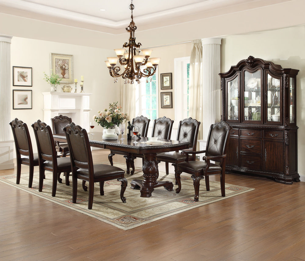 Elevate your dining experience with this exquisite and elegantly crafted set, designed to bring timeless sophistication to your home. The grand rectangular table features a rich, dark finish and intricately carved double pedestal base, making it the perfe