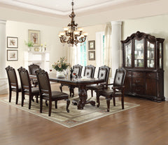 Elevate your dining experience with this exquisite and elegantly crafted set, designed to bring timeless sophistication to your home. The grand rectangular table features a rich, dark finish and intricately carved double pedestal base, making it the perfe