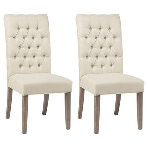 This set of two wood and fabric tufted parson chairs has a handsome rustic design. Each chair is crafted with durable Asian hardwood and plywood. Stylish elements shine through in the sand-colored linen-like fabric upholstery and tufted seat back. A warm 