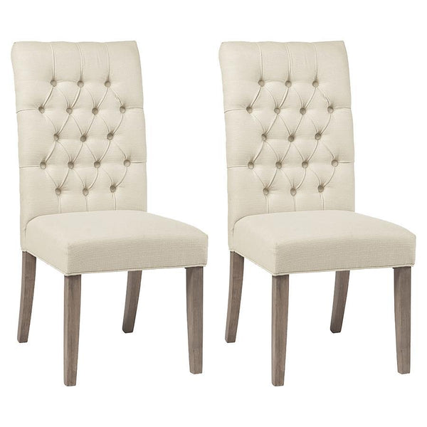 This set of two wood and fabric tufted parson chairs has a handsome rustic design. Each chair is crafted with durable Asian hardwood and plywood. Stylish elements shine through in the sand-colored linen-like fabric upholstery and tufted seat back. A warm 