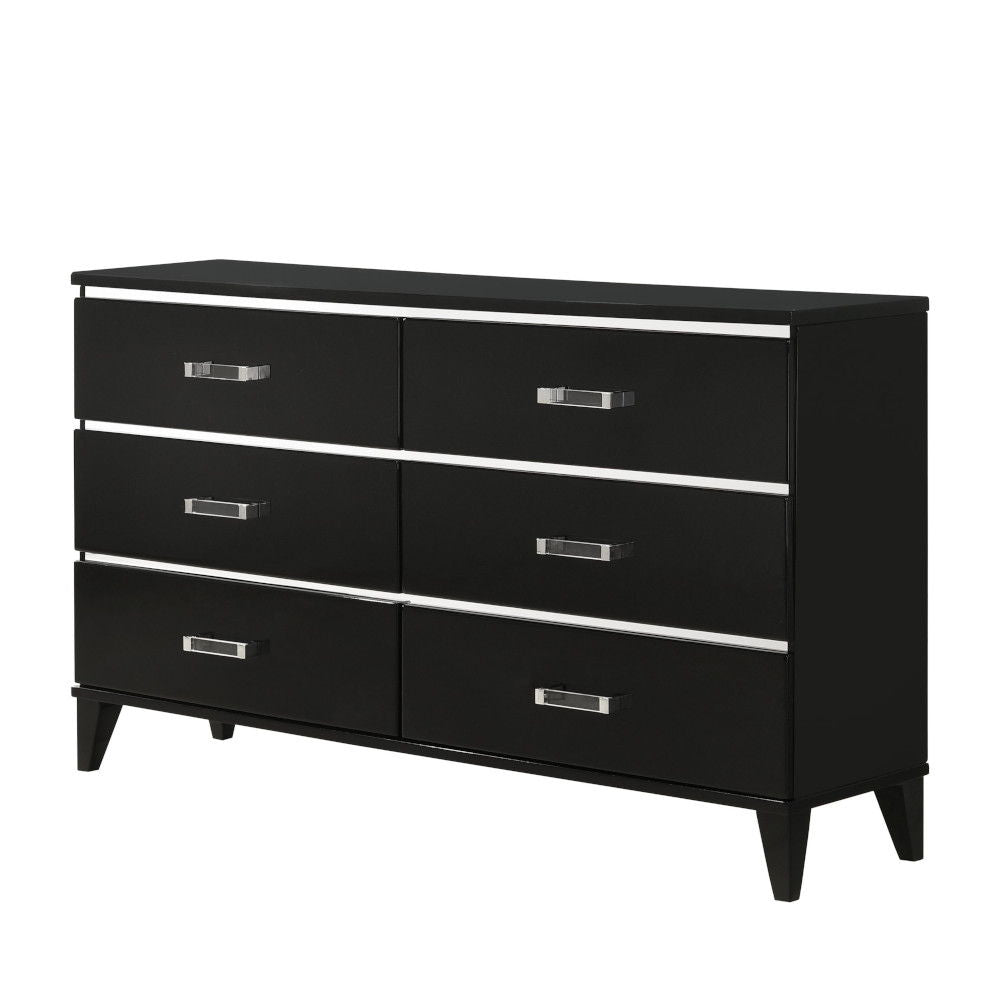 Explore modern simplicity that easily improve your overall aesthetic. The contemporary lines of this dresser works perfectly with the temping finish, while decorative sliver trims add depth and reflect light. It offers six storage drawers with clear acryl