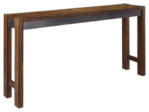 Make your home the hub for cool vibes with this long counter table. Two-tone finish scheme of distressed warm brown and aged gunmetal is full of urban industrial swagger. Long length makes it suitable for 3 people to sit. Add it behind your sofa with stoo