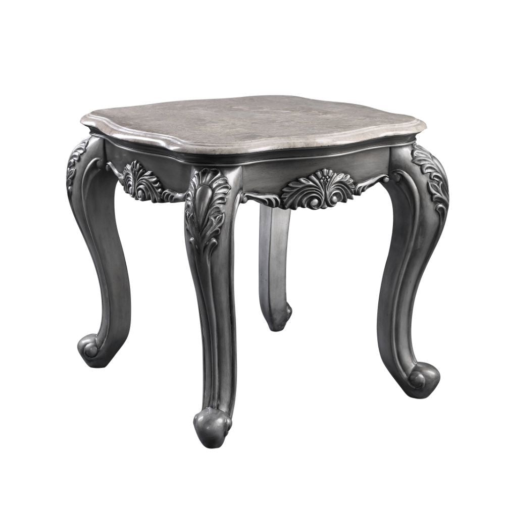 Rectangular End Table â€¢ NO Storage â€¢ Marble Top â€¢ Wooden Frame with Raised Scrolled Trim and Floral Motifs (Vintage Hand-Brush Finish) â€¢ Queen Anne Leg<br/><br/><b>Product Features</b><ul><li>Exclusive Design</li><li>Occasional Tables</li><li>Marb