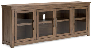 Elevate your entertainment experience with this TV stand. A functional focal point for your living room, itâ€™s defined by a richly versatile finish. Instantly upgrade game days and movie nightsâ€”the large-scale silhouette easily hosts flat screens. And 