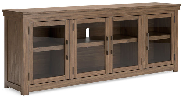 Elevate your entertainment experience with this TV stand. A functional focal point for your living room, itâ€™s defined by a richly versatile finish. Instantly upgrade game days and movie nightsâ€”the large-scale silhouette easily hosts flat screens. And 