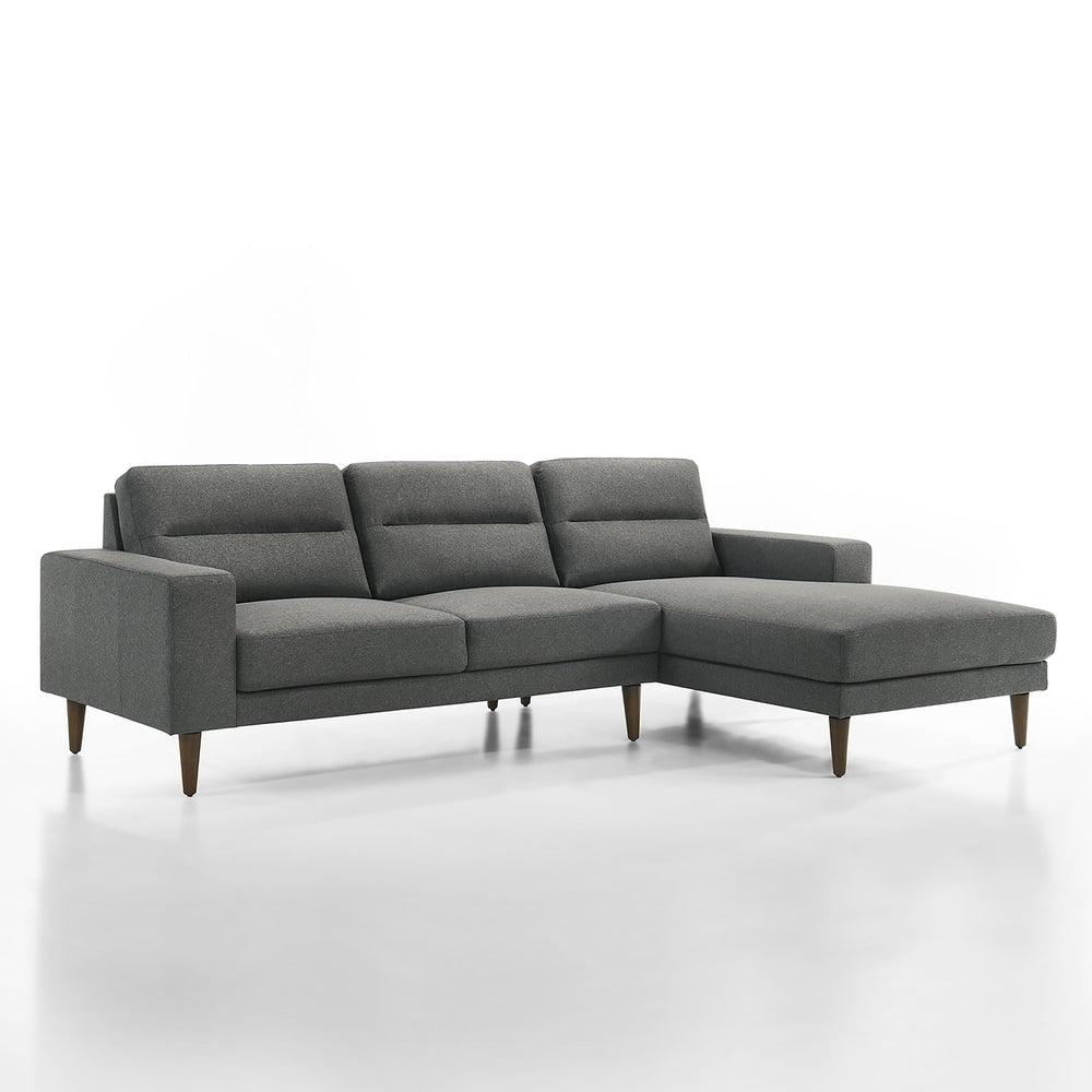 The Vale 2 Piece Sectional Couch with Chaise Lounge in gray is a perfect blend of comfort and style. This set includes a left arm facing loveseat and a right arm facing chaise lounge, both built with solid and manufactured wood frames reinforced with corn