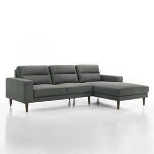 The Vale 2 Piece Sectional Couch with Chaise Lounge in gray is a perfect blend of comfort and style. This set includes a left arm facing loveseat and a right arm facing chaise lounge, both built with solid and manufactured wood frames reinforced with corn