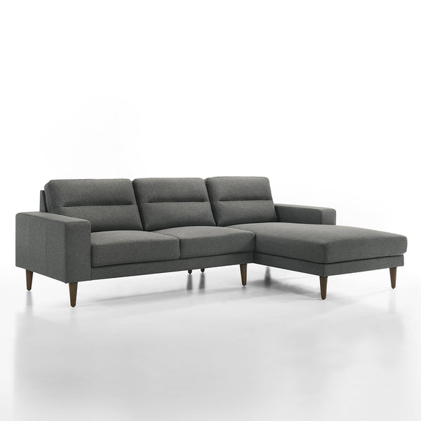 The Vale 2 Piece Sectional Couch with Chaise Lounge in gray is a perfect blend of comfort and style. This set includes a left arm facing loveseat and a right arm facing chaise lounge, both built with solid and manufactured wood frames reinforced with corn