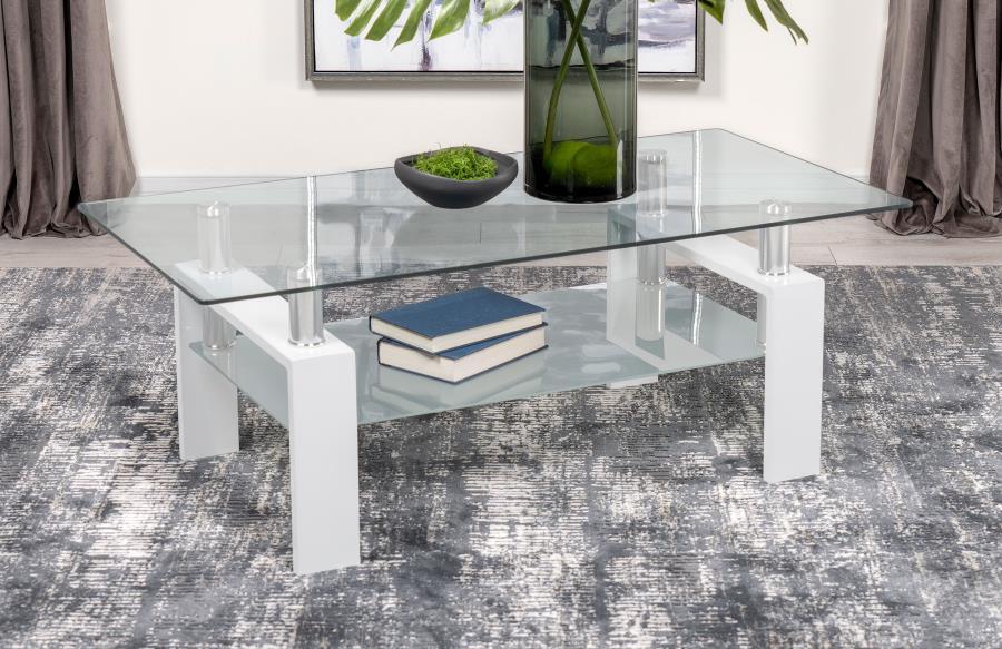 Enhance your living room with this sleek rectangular cocktail table, designed for style and functionality. It features a clear tempered glass top, complemented by a frosted tempered glass lower shelf for added storage or display. Supported by a sturdy met