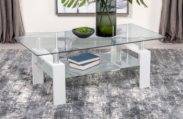  designed for style and functionality. It features a clear tempered glass top