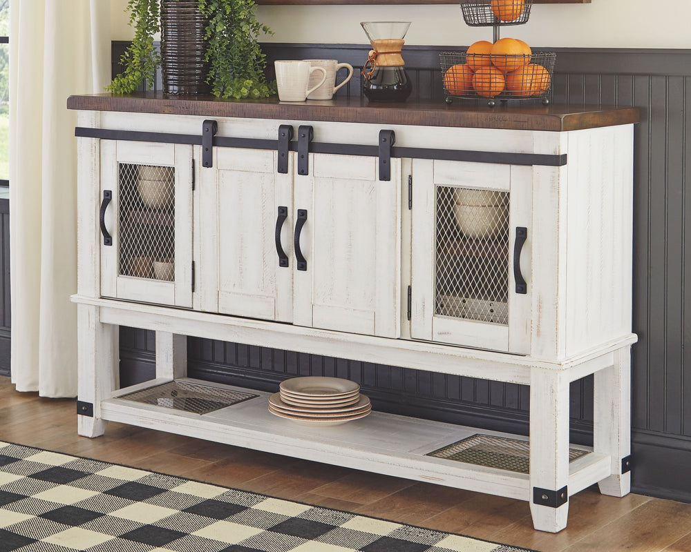 To those with an appetite for rustic farmhouse living, this server dishes out irresistible form and function. A pair of cabinet doors with mesh wire inlays add a countrified cool element. Sliding â€œbarn doorsâ€ revealing even more shelved storage are ri