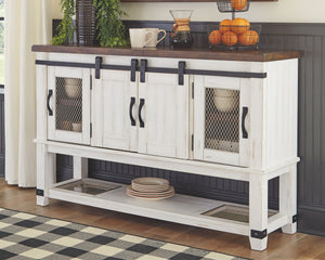  this server dishes out irresistible form and function. A pair of cabinet doors with mesh wire inlays add a countrified cool element. Sliding â€œbarn doorsâ€ revealing even more shelved storage are ri